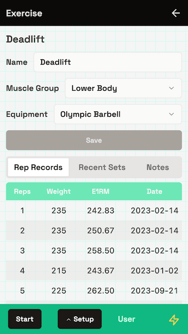 screenshot of app displaying historical records.